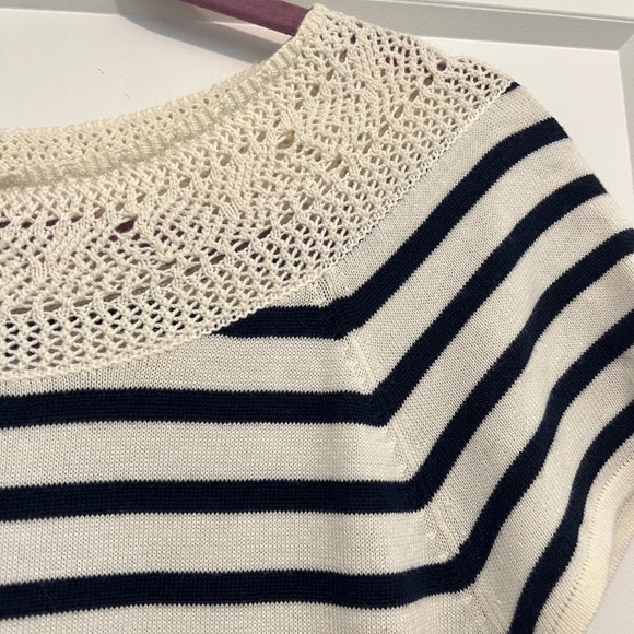 Chaps Ralph Lauren women petite knit stripe t-shirt with crochet collar - Picture 2 of 8